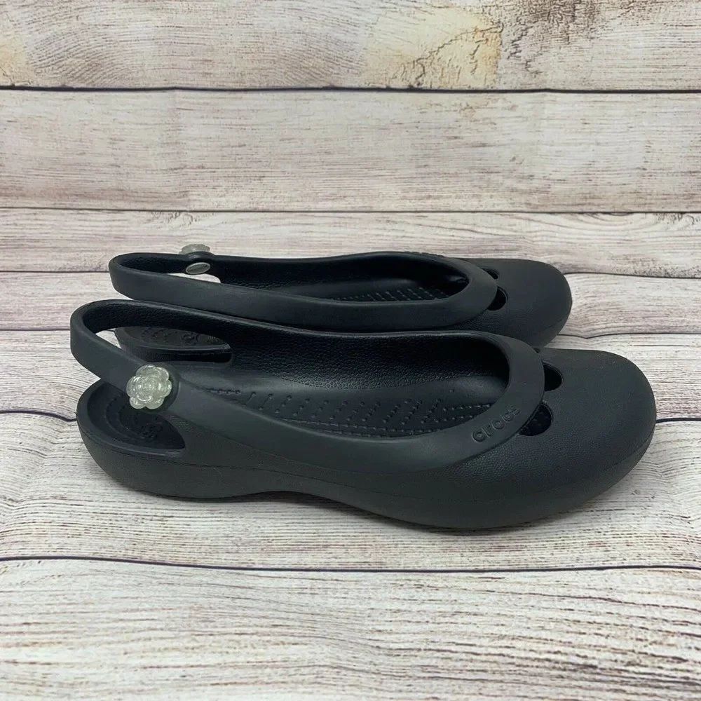 Crocs Women's Jayna size 6 Slingback Ballet Flats black slip on flower charm